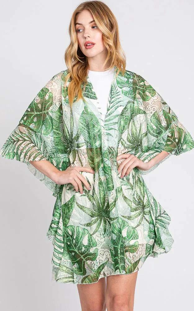 MS0356 RUFFLE LINED TROPICAL LEAVES PRINT OPEN FRONT COVER UP