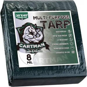 NEW CARTMAN Finished Size 20x40 Feet Waterproof Green Tarp 8 Mil Thick, Multipurpose Protective Cover for Emergency Rain Shelter Camping Tarpaulin, Retails $130