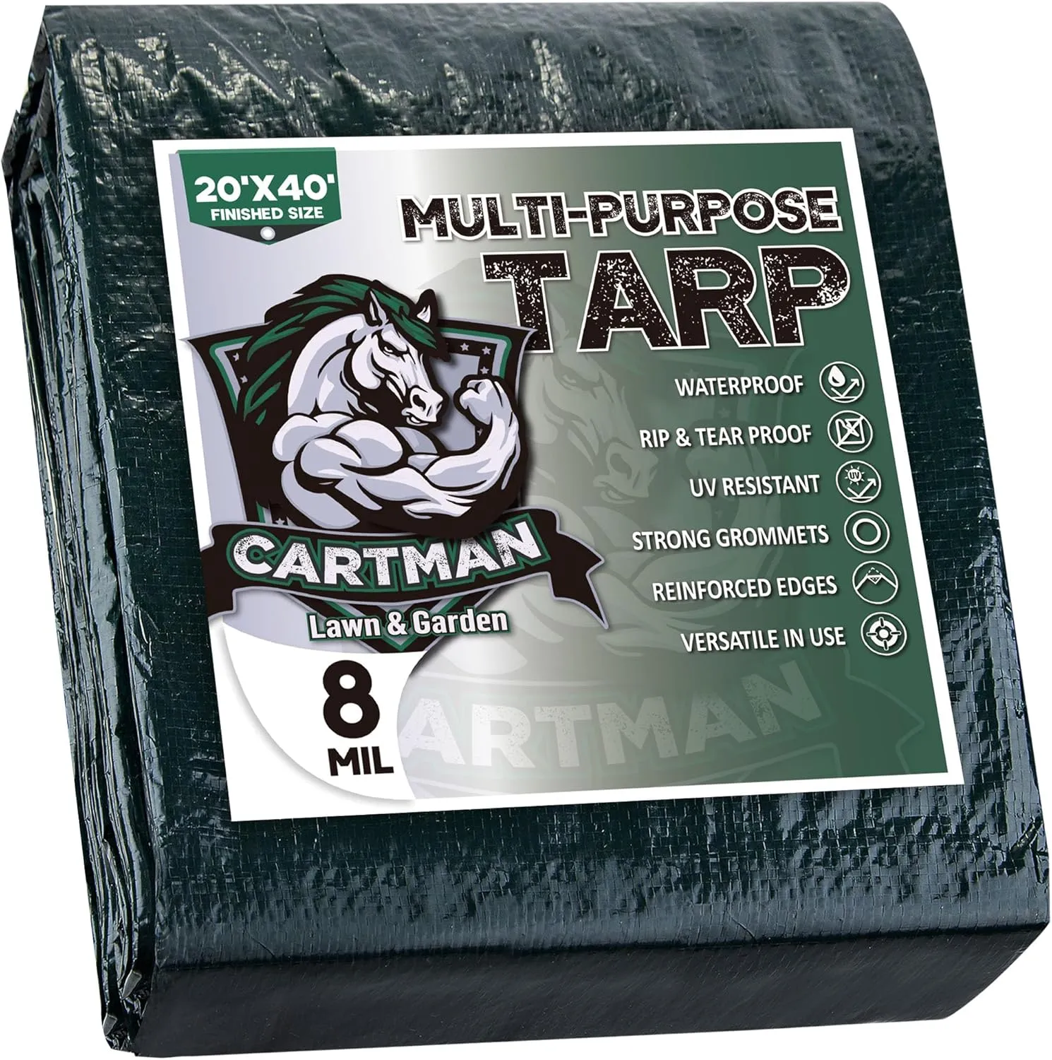 NEW CARTMAN Finished Size 20x40 Feet Waterproof Green Tarp 8 Mil Thick, Multipurpose Protective Cover for Emergency Rain Shelter Camping Tarpaulin, Retails $130