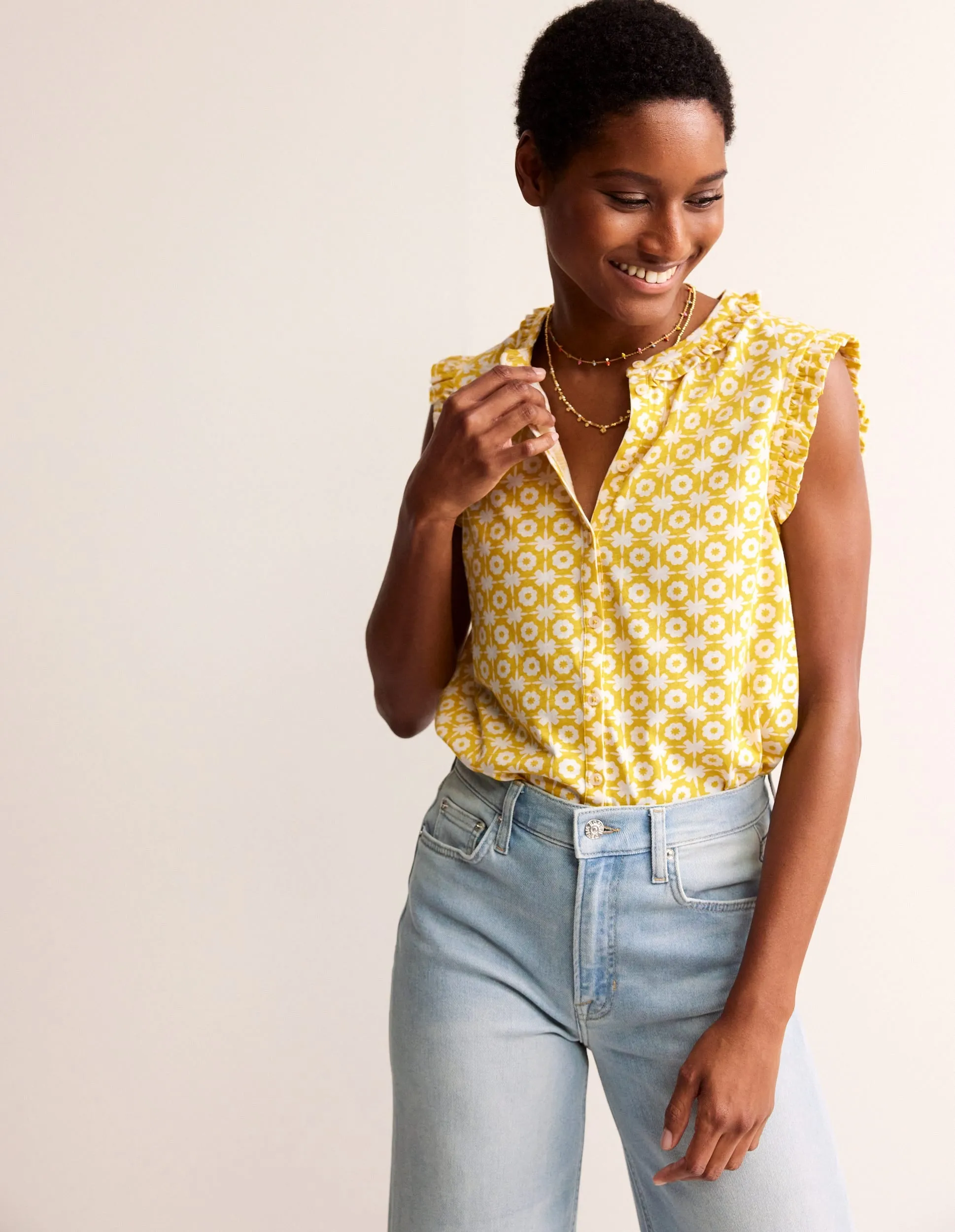 Olive Sleeveless Shirt-Passion Fruit, Blossom Tile