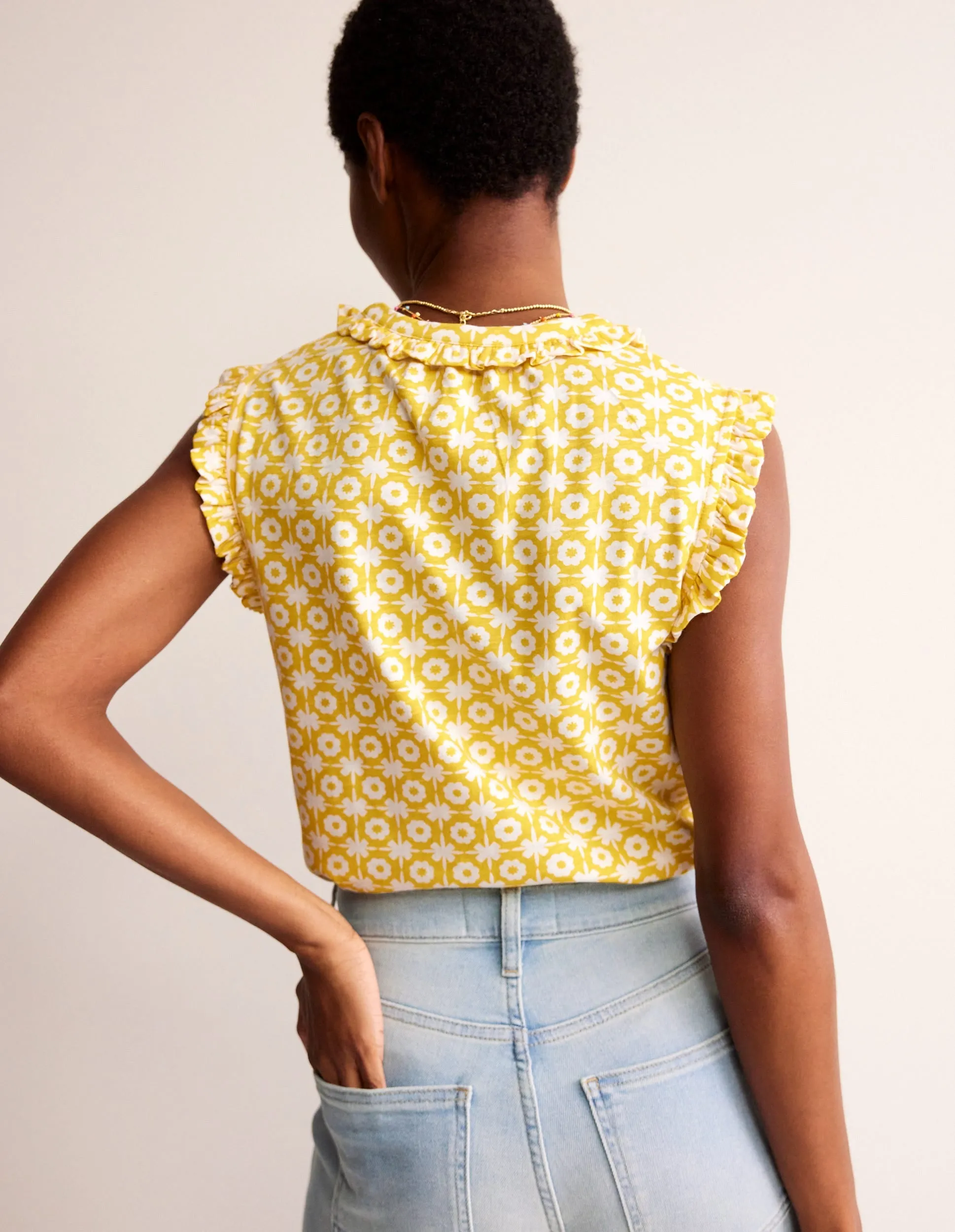 Olive Sleeveless Shirt-Passion Fruit, Blossom Tile