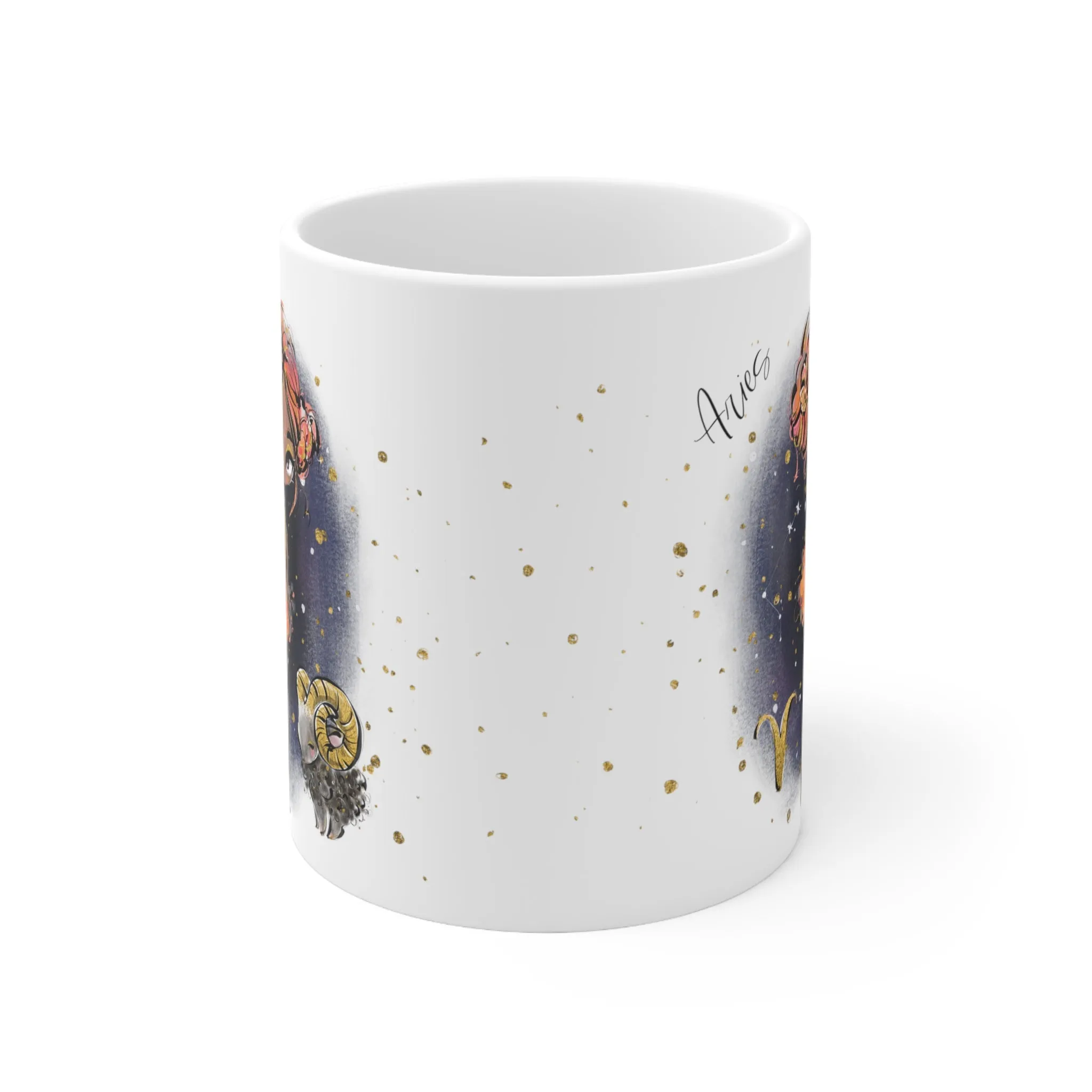 Personalised/Non Personalised Zodiac Sign, Aries, Ceramic Mug 11oz Red Hair - Olive Skin - Brown Eyes - Bg