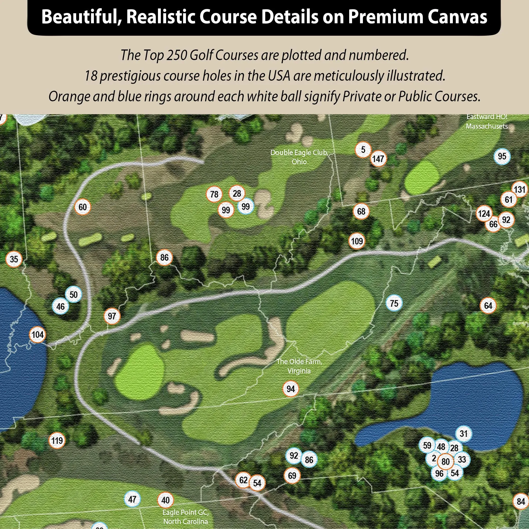 Top 250 Golf Courses in the USA Push Pin Map
