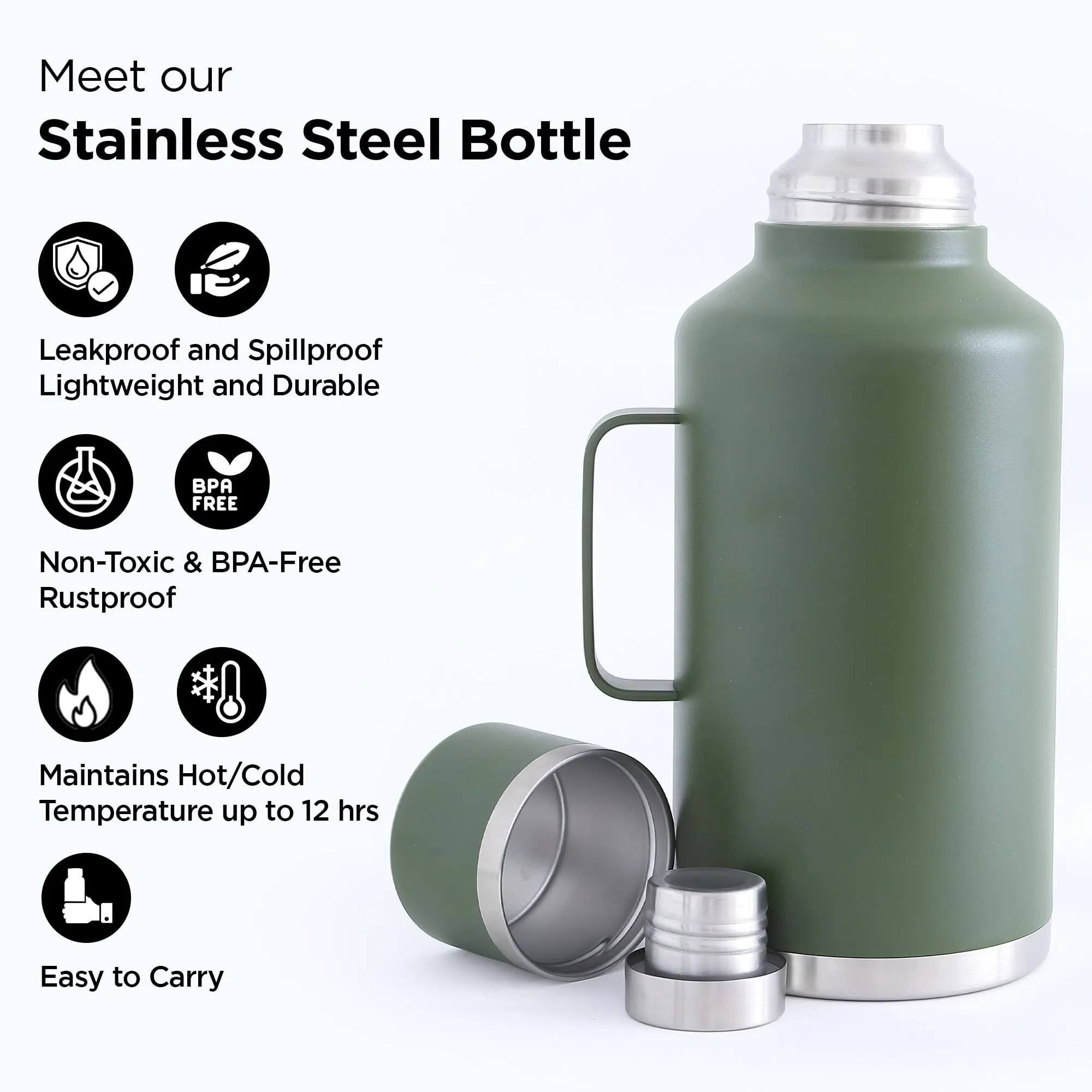 UMAI 2000ml Double Walled Vacuum Thermosteel Water Bottle | Stainless Steel | Hot and Cold | Insulated Water Bottle for Office, Gym, Travel | BPA-Free | Leakproof | Rustproof | Green