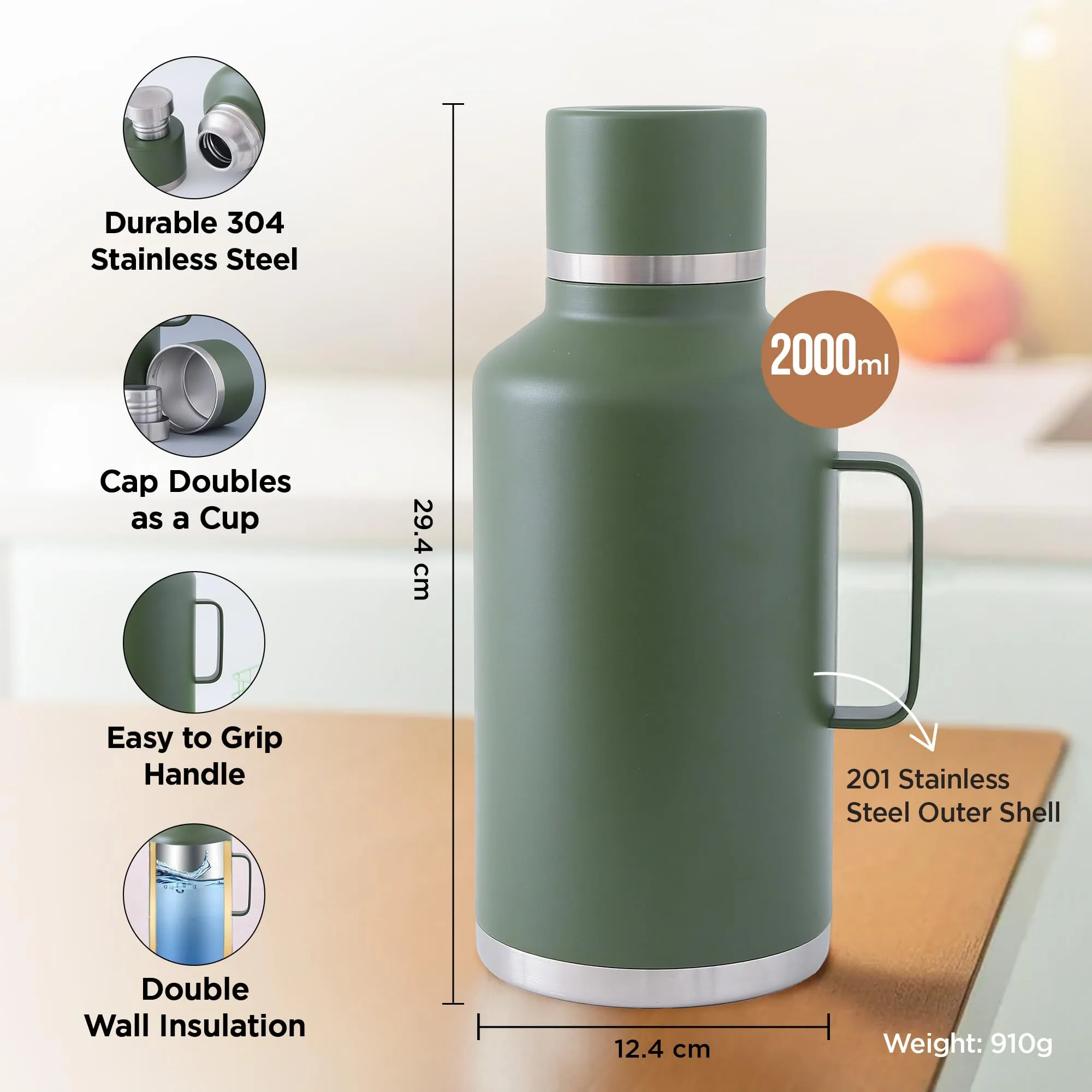 UMAI 2000ml Double Walled Vacuum Thermosteel Water Bottle | Stainless Steel | Hot and Cold | Insulated Water Bottle for Office, Gym, Travel | BPA-Free | Leakproof | Rustproof | Green